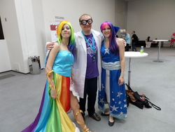 Size: 4608x3456 | Tagged: safe, artist:juu50x, rainbow dash, twilight sparkle, human, g4, bootleg, clothes, cosplay, crystal fair con, dr. brosano, dr. insano, dress, finland, finlandia hall, gala dress, irl, irl human, photo, the scientific brony