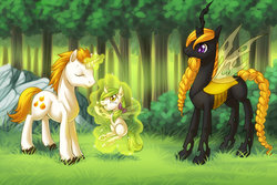 Size: 1000x666 | Tagged: safe, artist:shinepawpony, oc, oc only, oc:melody swiftsong, changeling, albino changeling, green changeling, yellow changeling