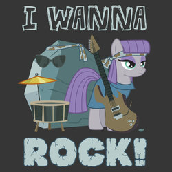 Size: 600x600 | Tagged: safe, artist:xkappax, boulder (g4), maud pie, tom, earth pony, pony, g4, band, boulder, caption, drums, female, glam metal, gray background, guitar, headband, mare, musical instrument, pun, simple background, sunglasses, twisted sister