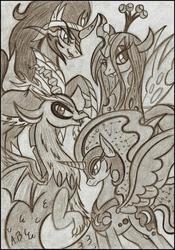 Size: 1641x2343 | Tagged: safe, artist:rossmaniteanzu, discord, king sombra, nightmare moon, queen chrysalis, alicorn, changeling, changeling queen, draconequus, pony, unicorn, g4, antagonist, female, monochrome, traditional art