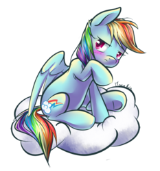 Size: 850x913 | Tagged: safe, artist:moenkin, rainbow dash, g4, blushing, cloud, cute, dashabetes, female, frown, looking away, raised hoof, simple background, sitting, solo, transparent background, tsunderainbow, tsundere, underhoof