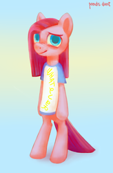 Size: 1065x1620 | Tagged: safe, artist:kaermter, pinkie pie, earth pony, pony, g4, bipedal, clothes, cute, cuteamena, female, looking at you, pinkamena diane pie, shirt, simple background, solo