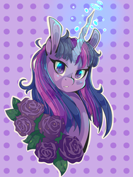 Size: 1200x1600 | Tagged: safe, artist:tomat-in-cup, twilight sparkle, pony, unicorn, g4, bust, cute, female, flower, glowing horn, heart eyes, horn, looking at you, magic, mare, polka dot background, portrait, rose, solo, twiabetes, unicorn twilight, wingding eyes