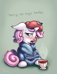 Size: 1000x1304 | Tagged: safe, artist:tadashi--kun, sweetie belle, pony, g4, blanket, blushing, cold, female, flu, ice pack, red nosed, sick, snot, snotty belle, solo, sweat, tea, teacup