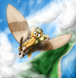 Size: 2707x2802 | Tagged: safe, artist:otakuap, applejack, oc, oc:fluffy the bringer of darkness, earth pony, giant moth, insect, moth, pony, g4, animal, duo, female, flying, giant insect, hat, high res, mare, open mouth, ponies riding moths, riding, smiling