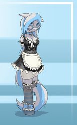 Size: 788x1280 | Tagged: safe, artist:krd, oc, oc only, oc:stripe shine, anthro, unguligrade anthro, anthro oc, bell, bell collar, bipedal, bow, clothes, collar, glasses, looking at you, maid, shy, skirt, solo, stockings, stripes