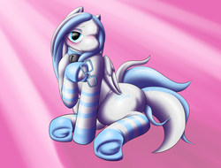 Size: 3150x2400 | Tagged: safe, artist:boundbrush, oc, oc only, oc:stripe shine, latex pony, bell, bell collar, blushing, clothes, collar, glasses, high res, looking at you, shiny, shy, sitting, socks, solo, striped socks, stripes, underhoof