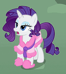 Size: 357x396 | Tagged: safe, screencap, rarity, pony, g4, season 1, suited for success, animated, bathrobe, clothes, female, frown, glare, grumpy, horses doing horse things, open mouth, robe, slippers, solo, stomping, talking