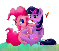 Size: 1500x1298 | Tagged: safe, artist:phyllismi, pinkie pie, twilight sparkle, alicorn, pony, g4, blushing, duo, female, lesbian, mare, ship:twinkie, shipping, twilight sparkle (alicorn)