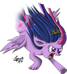Size: 1114x1232 | Tagged: safe, artist:zsparkonequus, twilight sparkle, alicorn, bat pony, pony, g4, angry, bat ponified, crossover, crown, esper, female, final fantasy vi, flying, mare, new crown, race swap, solo, species swap, terra branford, twibat, twilight sparkle (alicorn)