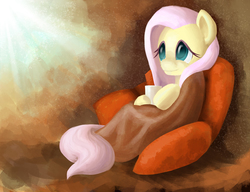 Size: 2600x2000 | Tagged: safe, artist:mraccoon, fluttershy, g4, blanket, couch, cozy, cup, female, high res, looking away, sitting, solo