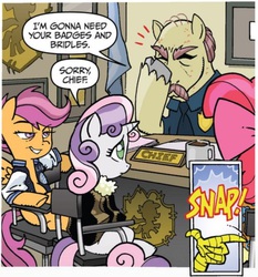 Size: 871x933 | Tagged: safe, artist:tony fleecs, idw, official comic, apple bloom, discord, scootaloo, sweetie belle, earth pony, pegasus, pony, unicorn, friends forever #2, g4, my little pony: friends forever, spoiler:comic, axel foley, beverly hills cop, clothes, comic, cutie mark crusaders, facehoof, facial hair, female, filly, foal, male, moustache, speech bubble, stallion