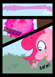 Size: 1100x1540 | Tagged: safe, artist:chubbyjam, pinkie pie, earth pony, pony, comic:too many pinkie snacks, g4, too many pinkie pies, clone, comic, female, imminent vore, mare, oral vore, pinkie clone, pinkie prey, shrinking, you are what you eat