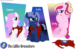 Size: 1024x663 | Tagged: safe, artist:ladyanidraws, princess cadance, princess celestia, princess luna, earth pony, pony, unicorn, series:the little crusaders, g4, age regression, blank flank, cape, cewestia, clothes, cmc cape, earth pony celestia, female, filly, one eye closed, pegasus cadance, race swap, the little crusaders, trio, trio female, unicorn luna, unicorn woona, wink, woona