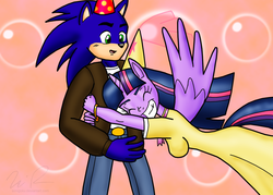 Size: 900x644 | Tagged: safe, artist:sonigoku, twilight sparkle, anthro, g4, birthday dress, crossover, crossover shipping, female, glomp, male, shipping, sonic the hedgehog, sonic the hedgehog (series), straight, twilight sparkle (alicorn), twisonic