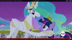 Size: 1366x768 | Tagged: safe, screencap, princess celestia, twilight sparkle, alicorn, pony, g4, female, hub logo, mare, twilight sparkle (alicorn)