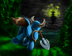 Size: 3679x2838 | Tagged: safe, artist:otakuap, earth pony, pony, armor, castle, forest, high res, ponified, shovel, shovel knight, solo