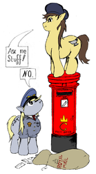 Size: 996x1793 | Tagged: safe, artist:pit pone, derpy hooves, oc, oc:pit pone, pegasus, pony, g4, ask, color, derpy mail, female, mailbag, mare, post box, royal mail, tumblr