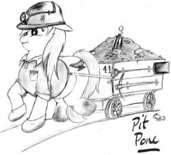 Size: 2588x2355 | Tagged: safe, artist:pit pone, oc, oc only, oc:pit pone, ask, chubby, clothes, coal, davy lamp, fat, gravy boat, hard hat, hat, headlamp, helmet, high res, lamp, light, minecart, miner, mining helmet, monochrome, pickaxe, shirt, shovel, signature, solo, tumblr