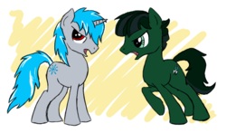 Size: 561x330 | Tagged: safe, artist:emkay-mlp, oc, oc only, oc:blue frost, oc:haywire, argument, simple background