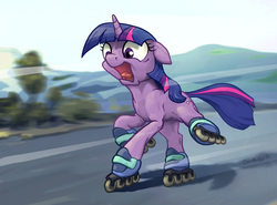 Size: 900x666 | Tagged: safe, artist:cannibalus, twilight sparkle, pony, unicorn, g4, adorable distress, cute, ears back, female, filly, filly twilight sparkle, funny, lol, mare, open mouth, raised hoof, raised leg, roller skates, scared, screaming, solo, this will end in pain, this will end in tears, tongue out, wide eyes
