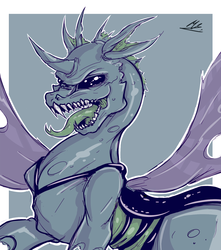 Size: 1200x1360 | Tagged: safe, artist:asadama, changeling, eyes open, outline, sharp teeth, side view, solo, spread wings, teeth, tongue out, white outline, wings