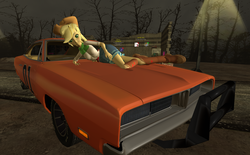 Size: 1551x960 | Tagged: safe, applejack, equestria girls, g4, 3d, car, dodge charger, general lee, pose, second life, the dukes of hazzard