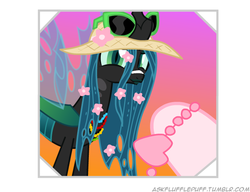 Size: 650x500 | Tagged: safe, artist:mixermike622, queen chrysalis, oc, oc:fluffle puff, changeling, changeling queen, g4, cute, cutealis, female, hat, necklace, offscreen character, solo focus, sunglasses