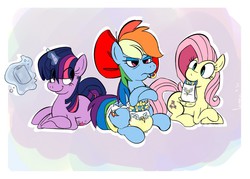 Size: 1280x914 | Tagged: safe, artist:kogoreus, fluttershy, rainbow dash, twilight sparkle, g4, adult foal, bangs, bedroom eyes, bow, diaper, diaper fetish, eye clipping through hair, frown, hair bow, hair over eyes, levitation, magic, non-baby in diaper, pacifier, poofy diaper, rainbow dash is not amused, smiling, telekinesis, urine, wet diaper, wide eyes