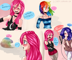 Size: 2000x1666 | Tagged: safe, artist:zorbitas, pinkie pie, rainbow dash, rarity, human, fanfic:cupcakes, g4, blushing, choker, clothes, comic, cupcakes joke, cute, cuteamena, engrish, evening gloves, fishnet stockings, goth, gothic pinkie, hair straightener, humanized, makeover, off shoulder, pinkamena diane pie, prank, reference, rejection, smiling, smirk