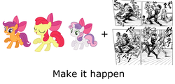 Size: 2370x1150 | Tagged: safe, apple bloom, scootaloo, sweetie belle, g4, cutie mark crusaders, dancing, exploitable meme, guido mista, jojo's bizarre adventure, make it happen, meme, narancia ghirga, pannacotta fugo, torture dance, vento aureo