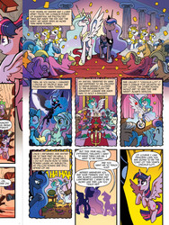 Size: 720x960 | Tagged: safe, idw, official comic, bon bon, lyra heartstrings, nightmare moon, princess celestia, princess luna, sweetie drops, twilight sparkle, alicorn, pony, friends forever #7, g4, my little pony: friends forever, spoiler:comic, banquet, bipedal, bowing, excited, feast, flying, frown, gallagher, hoof hold, idw advertisement, juggling, laughing, lyracorn, mallet, open mouth, preview, royal guard, running, sad, scared, serious, sitting, smiling, spread wings, twilight sparkle (alicorn), unicycle, watermelon