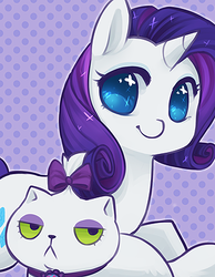 Size: 319x412 | Tagged: safe, artist:mousu, opalescence, rarity, cat, pony, g4, cute, looking at you, pet, polka dot background