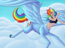 Size: 1200x887 | Tagged: safe, artist:sepisnake, rainbow dash, centaur, g4, abs, clothes, female, flying, humanized, midriff, solo, sports bra, tank top