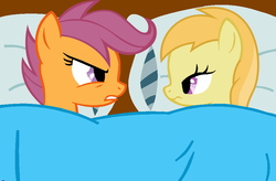 Size: 950x623 | Tagged: dead source, safe, artist:dreamcasterpegasus, noi, scootaloo, earth pony, pegasus, pony, g4, look before you sleep, angry, blanket, character swap, cute, female, mare, pillow, scootamad