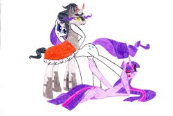 Size: 799x533 | Tagged: safe, artist:fairlyabled, king sombra, rarity, twilight sparkle, g4, shipping, sombrarity