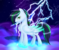 Size: 1600x1360 | Tagged: safe, artist:sugguk, soarin', pony, g4, cloud, lightning, male, rainbow power, rainbow power-ified, solo