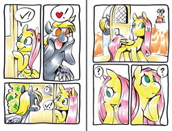 Size: 1000x763 | Tagged: safe, artist:mittymandi, derpy hooves, fluttershy, pegasus, pony, comic:derpyquest, g4, 24-hour comic day, comic, door, female, mare, muffin, pictogram, speech bubble, traditional art