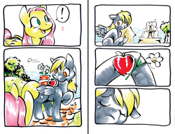 Size: 1000x763 | Tagged: safe, artist:mittymandi, derpy hooves, fluttershy, pegasus, pony, comic:derpyquest, g4, 24-hour comic day, apple, comic, crying, female, flower, fountain, mare, pictogram, pun, sad, traditional art, visual pun