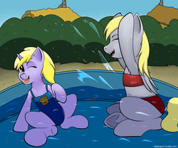 Size: 2400x2000 | Tagged: safe, artist:riscke, derpy hooves, dinky hooves, pegasus, pony, g4, armpits, bikini, clothes, equestria's best mother, female, high res, mare, mother and daughter, one-piece swimsuit, splashing, sukumizu, swimming pool, swimsuit, underhoof, water, wet