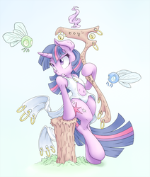 Size: 1273x1500 | Tagged: safe, artist:chromaskunk, artist:dfectivedvice, twilight sparkle, parasprite, pony, semi-anthro, g4, arm hooves, belly button, bipedal, clothes, colored, glyph, staff