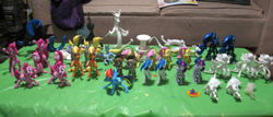 Size: 3648x1560 | Tagged: safe, artist:clawed-nyasu, applejack, derpy hooves, discord, doctor whooves, pinkie pie, rainbow dash, time turner, twilight sparkle, earth pony, pony, g4, 3d print, bipedal, customized toy, insanity, irl, wip