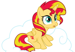 Size: 4321x3000 | Tagged: dead source, safe, artist:theshadowstone, sunset shimmer, alicorn, pony, g4, alicornified, cloud, cutie mark, female, hooves, horn, mare, on a cloud, open mouth, race swap, shimmercorn, simple background, sitting on a cloud, solo, transparent background, vector, wings