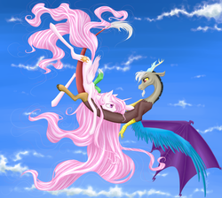 Size: 2458x2200 | Tagged: safe, artist:holka13, discord, princess celestia, g4, female, flying, high res, male, pink-mane celestia, ship:dislestia, shipping, straight, younger