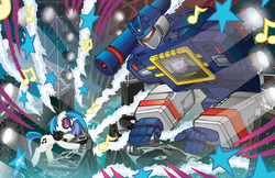 Size: 1000x647 | Tagged: safe, artist:tony fleecs, idw, dj pon-3, vinyl scratch, g4, cover, crossover, soundscratch, soundwave, transformers