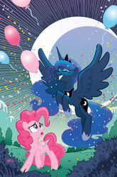 Size: 755x1147 | Tagged: safe, artist:tony fleecs, idw, pinkie pie, princess luna, g4, balloon, cover, cover art, idw advertisement