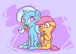 Size: 1298x924 | Tagged: safe, artist:poptart36, scootaloo, trixie, pegasus, pony, unicorn, g4, duo, female, filly, food, ice cream, licking, mare, tongue out