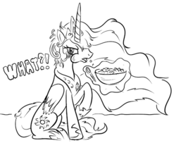 Size: 599x487 | Tagged: safe, artist:mysticolt, princess celestia, g4, bed mane, cereal, eating, female, lineart, majestic as fuck, monochrome, morning ponies, solo