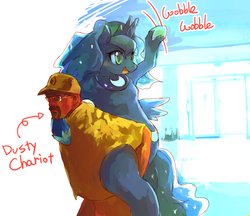 Size: 1000x864 | Tagged: safe, artist:kolshica, princess luna, human, everfree northwest, g4, 2014, convention, cosplay, dustykatt, fursuit, open mouth, piggyback ride, scene interpretation, youtube link