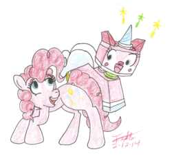 Size: 1356x1301 | Tagged: safe, artist:erynerikard, pinkie pie, g4, crossover, lego, the lego movie, traditional art, unikitty